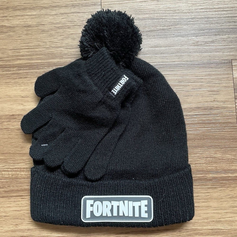Fortnite Boys Hat and Finger Glove Set Black New